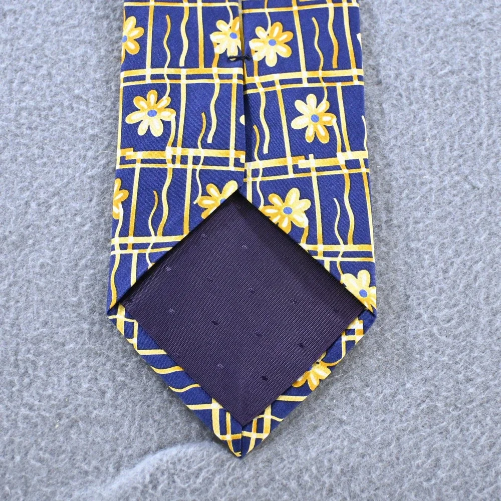 Paul Fredrick Mens Floral Grid Italian Silk Handmade Necktie OS Blue Yellow USA